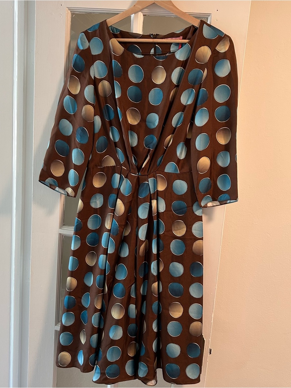 Made in Italy 100% Silk Brown Midi Dress with Blue & Cream Polka Dots